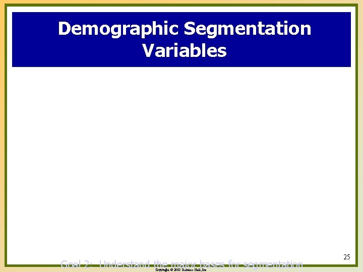 Demographic Segmentation Variables Goal 2: Understand the major bases for segmentation Copyright © 2003