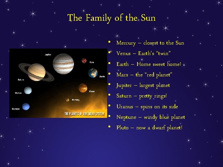 The Family of the Sun • • • Mercury – closest to the Sun