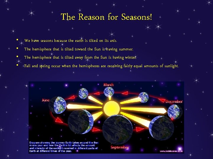 The Reason for Seasons! • • We have seasons because the earth is tilted