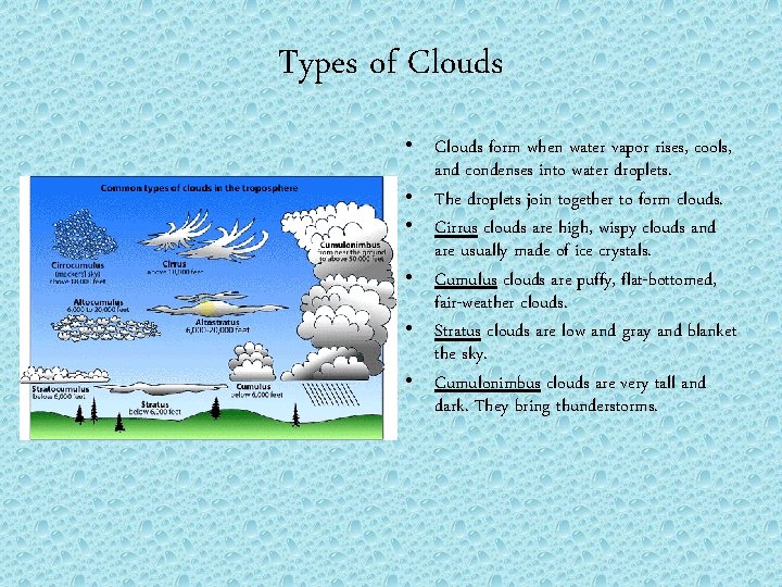 Types of Clouds • Clouds form when water vapor rises, cools, and condenses into
