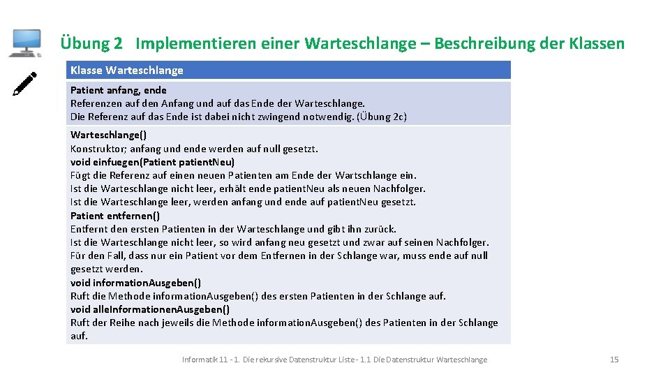 Übung 2 Implementieren einer Warteschlange – Beschreibung der Klassen Klasse Warteschlange Patient anfang, ende