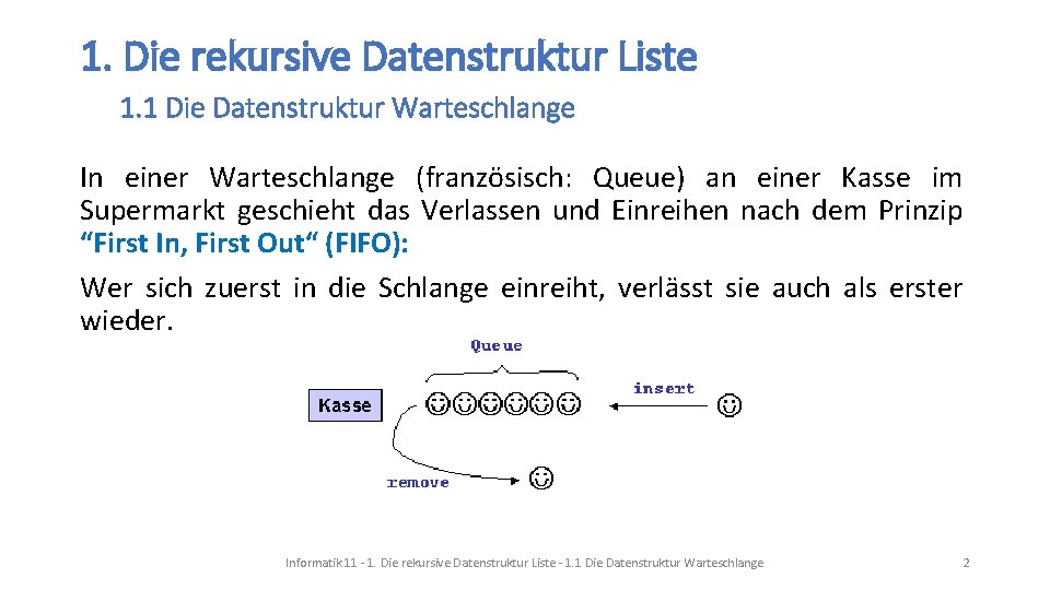 1. Die rekursive Datenstruktur Liste 1. 1 Die Datenstruktur Warteschlange In einer Warteschlange (französisch: