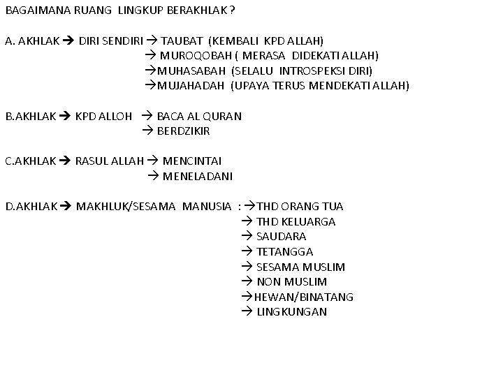 BAGAIMANA RUANG LINGKUP BERAKHLAK ? A. AKHLAK DIRI SENDIRI TAUBAT (KEMBALI KPD ALLAH) MUROQOBAH