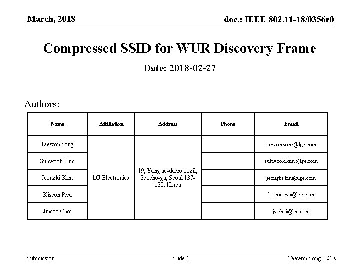 March, 2018 doc. : IEEE 802. 11 -18/0356 r 0 Compressed SSID for WUR