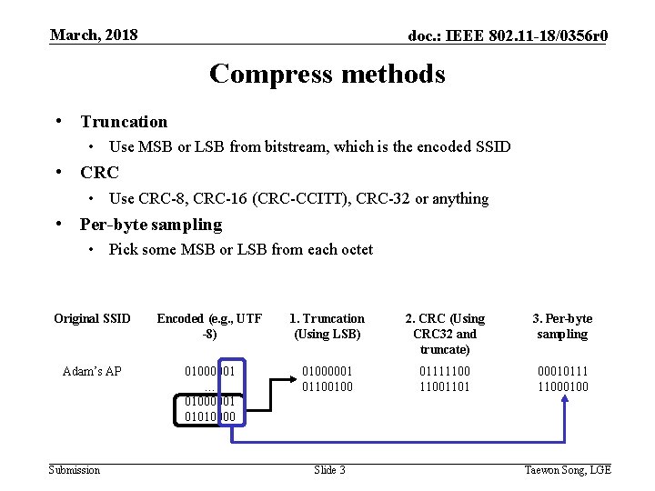 March, 2018 doc. : IEEE 802. 11 -18/0356 r 0 Compress methods • Truncation