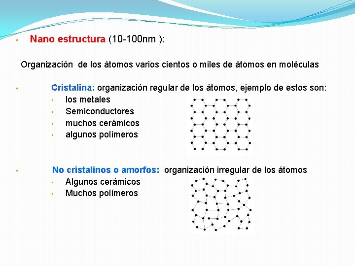  • Nano estructura (10 -100 nm ): Organización de los átomos varios cientos