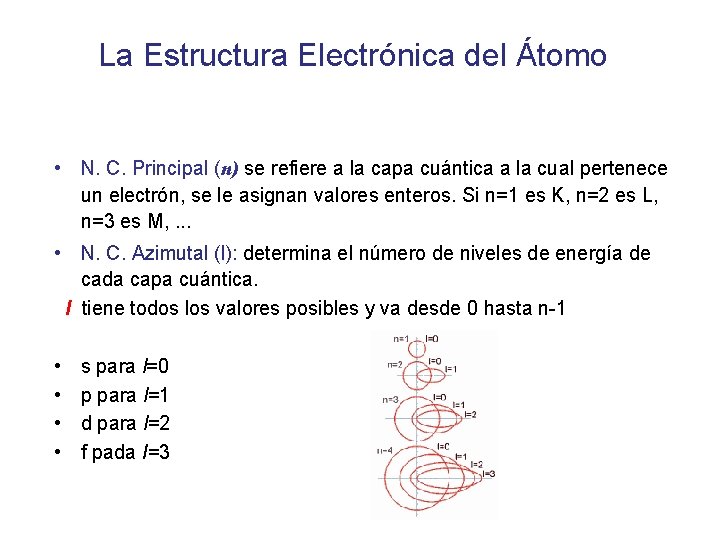 La Estructura Electrónica del Átomo • N. C. Principal (n) se refiere a la