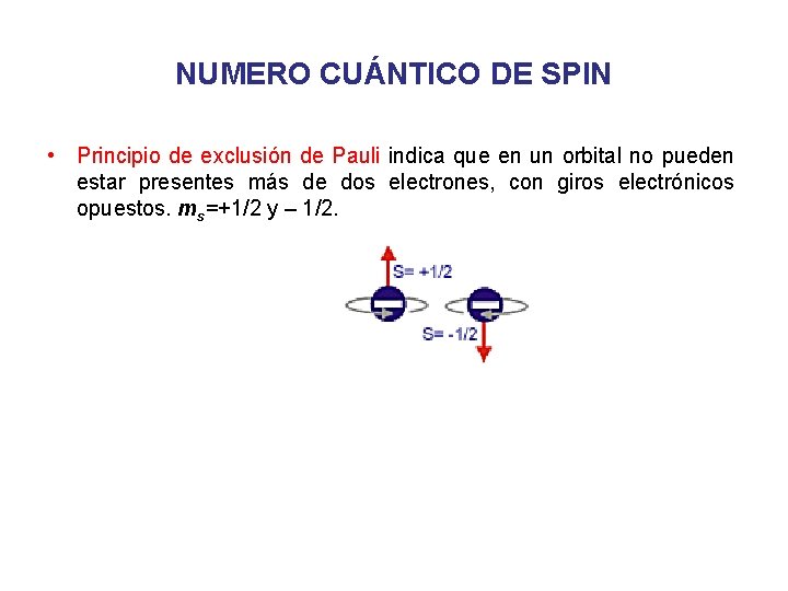 NUMERO CUÁNTICO DE SPIN • Principio de exclusión de Pauli indica que en un