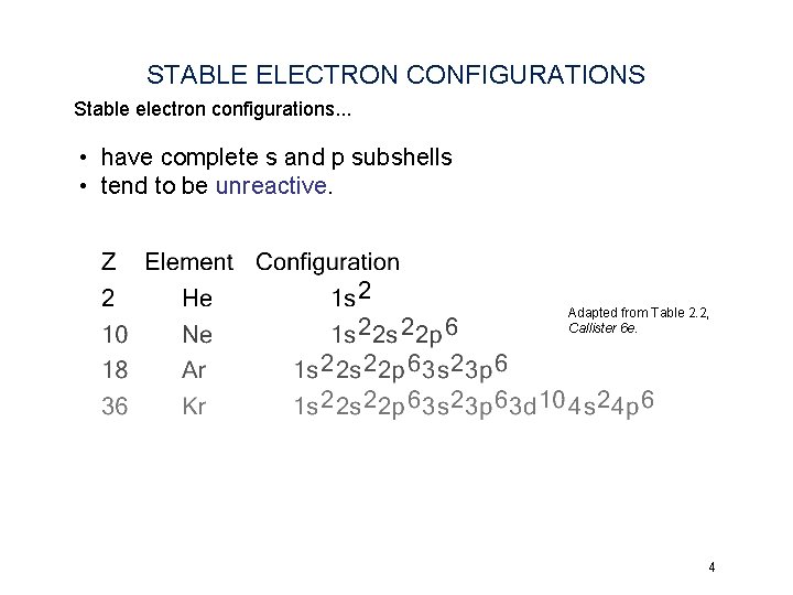 STABLE ELECTRON CONFIGURATIONS Stable electron configurations. . . • have complete s and p