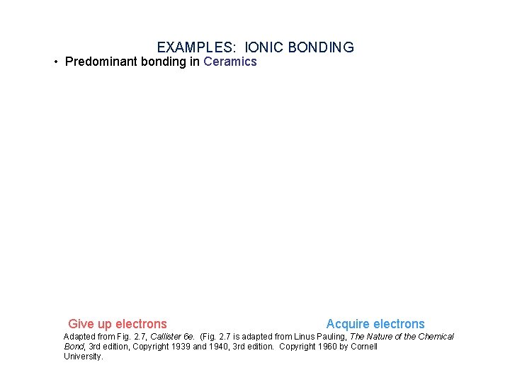 EXAMPLES: IONIC BONDING • Predominant bonding in Ceramics Give up electrons Acquire electrons Adapted