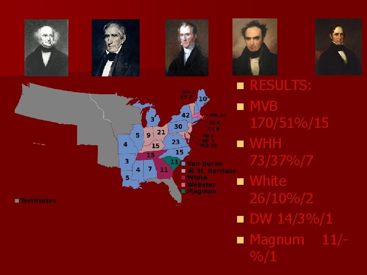 n n n RESULTS: MVB 170/51%/15 WHH 73/37%/7 White 26/10%/2 DW 14/3%/1 Magnum 11/%/1