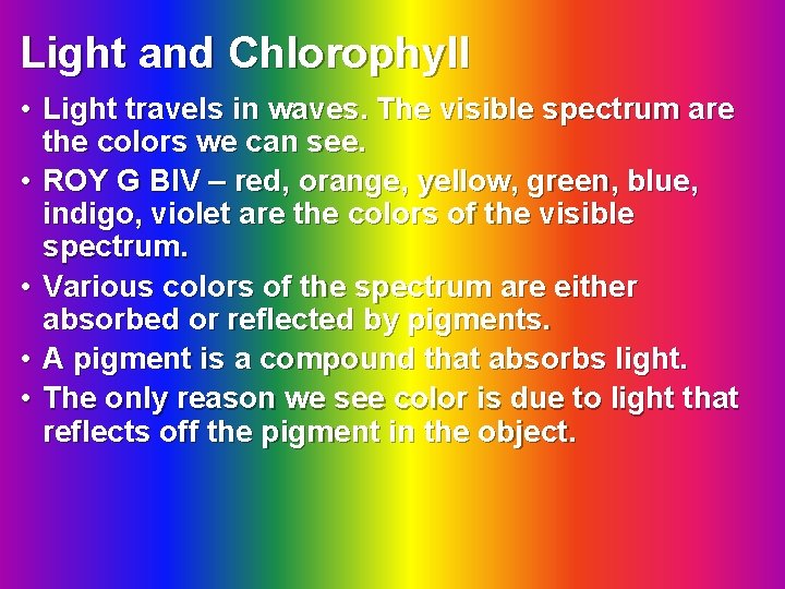 Light and Chlorophyll • Light travels in waves. The visible spectrum are the colors