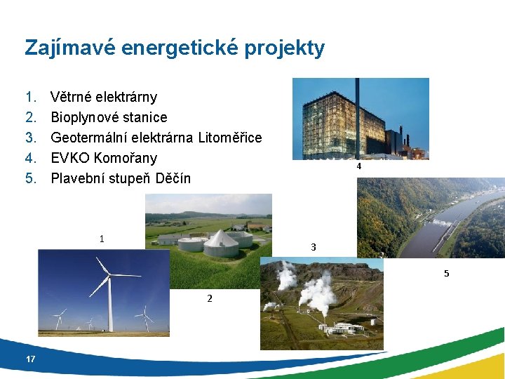 Zajímavé energetické projekty 1. 2. 3. 4. 5. Větrné elektrárny Bioplynové stanice Geotermální elektrárna