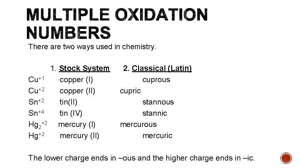 There are two ways used in chemistry. Cu+1 Cu+2 Sn+4 Hg 2+2 Hg+2 1.