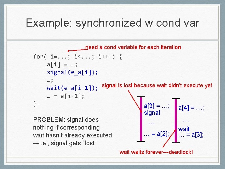 Example: synchronized w cond var need a cond variable for each iteration for( i=.
