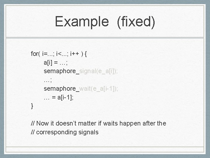 Example (fixed) for( i=. . . ; i<. . . ; i++ ) {