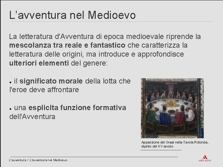 L’avventura nel Medioevo La letteratura d'Avventura di epoca medioevale riprende la mescolanza tra reale