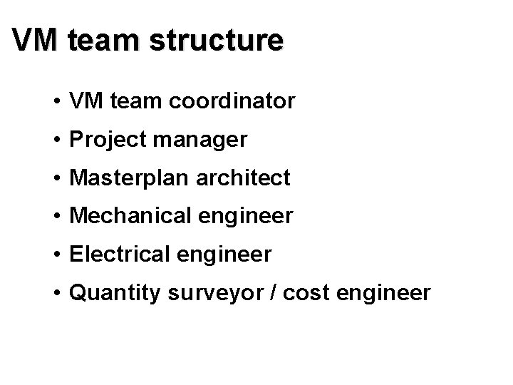 VM team structure • VM team coordinator • Project manager • Masterplan architect •