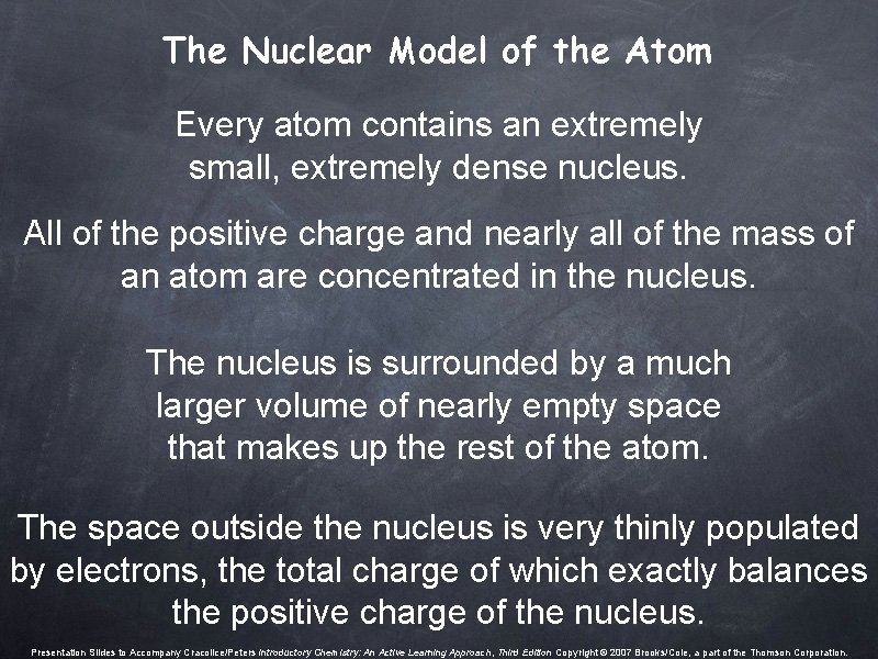 The Nuclear Model of the Atom Every atom contains an extremely small, extremely dense The Nuclear Model of the Atom Every atom contains an extremely small, extremely dense