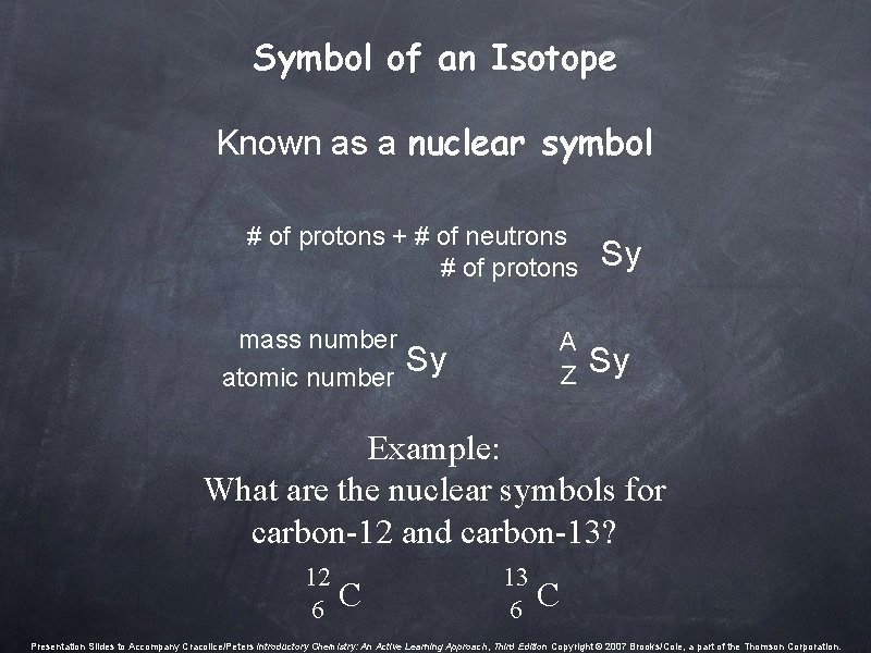 Symbol of an Isotope Known as a nuclear symbol # of protons + # Symbol of an Isotope Known as a nuclear symbol # of protons + #