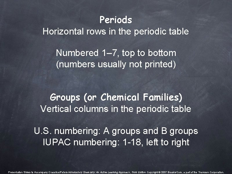 Periods Horizontal rows in the periodic table Numbered 1– 7, top to bottom (numbers Periods Horizontal rows in the periodic table Numbered 1– 7, top to bottom (numbers