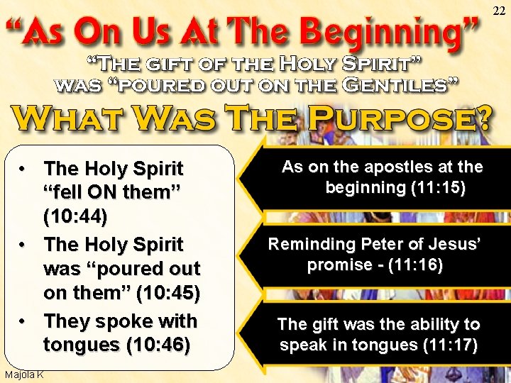 22 • The Holy Spirit “fell ON them” (10: 44) • The Holy Spirit