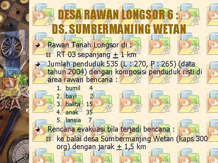 DESA RAWAN LONGSOR 6 : DS. SUMBERMANJING WETAN Rawan Tanah Longsor di : RT