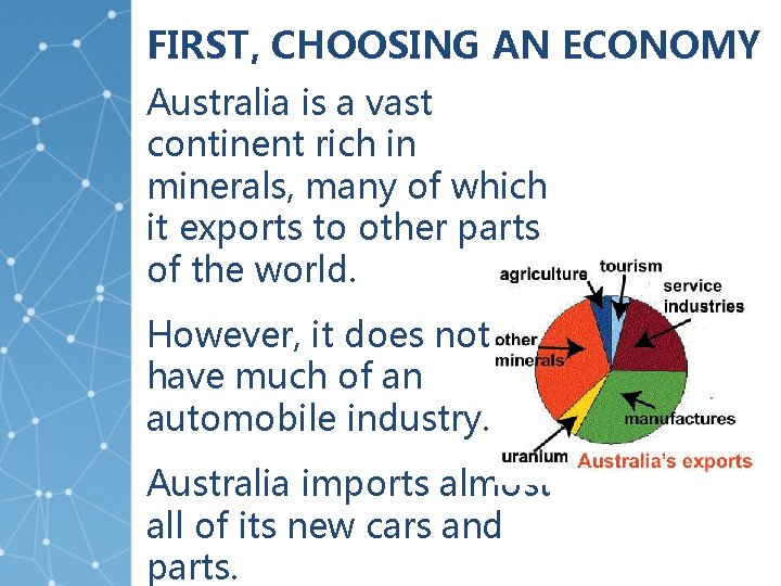 FIRST, CHOOSING AN ECONOMY Australia is a vast continent rich in minerals, many of