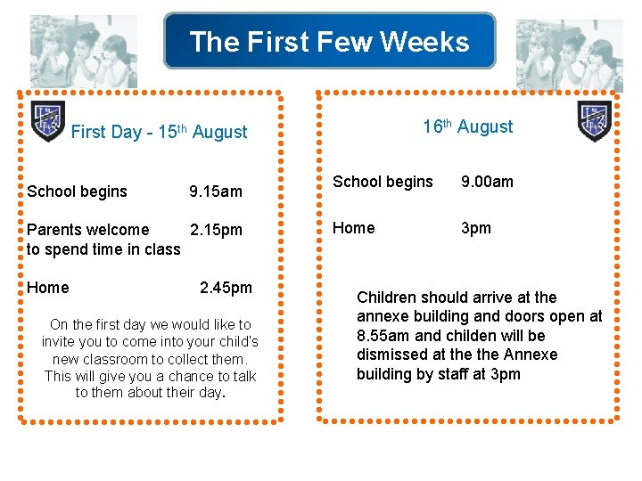 The First Few Weeks 16 th August First Day - 15 th August School