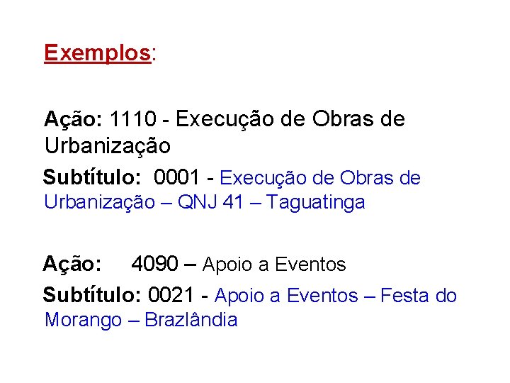 Exemplos: Ação: 1110 - Execução de Obras de Urbanização Subtítulo: 0001 - Execução de