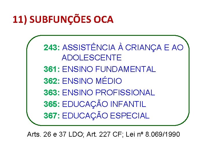 11) SUBFUNÇÕES OCA 243: ASSISTÊNCIA À CRIANÇA E AO ADOLESCENTE 361: ENSINO FUNDAMENTAL 362: