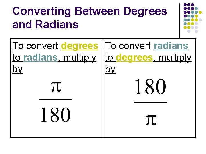 Converting Between Degrees and Radians To convert degrees To convert radians to radians, multiply