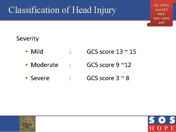 Classification of Head Injury Severity • Mild : GCS score 13 ~ 15 •