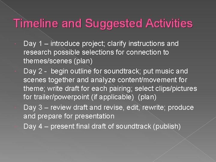 Timeline and Suggested Activities Day 1 – introduce project; clarify instructions and research possible