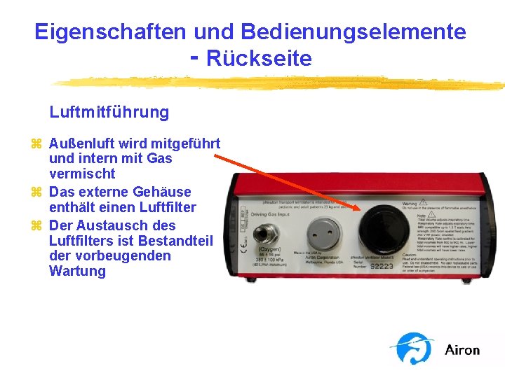 Eigenschaften und Bedienungselemente ‑ Rückseite Luftmitführung z Außenluft wird mitgeführt und intern mit Gas