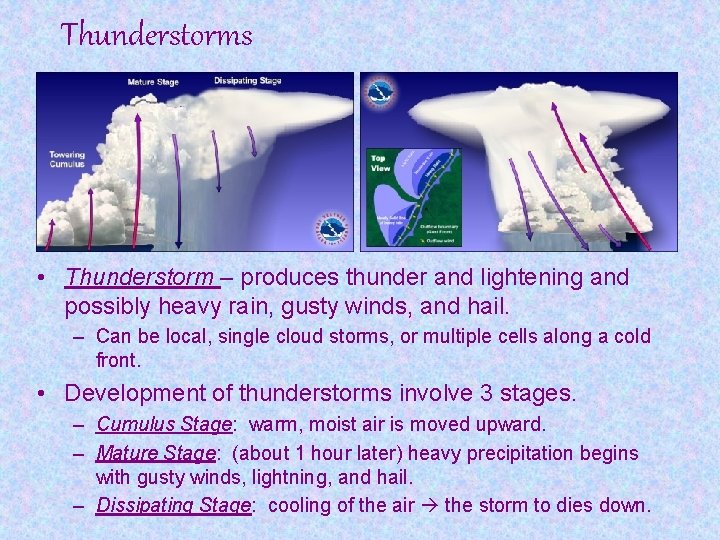 Thunderstorms • Thunderstorm – produces thunder and lightening and possibly heavy rain, gusty winds,