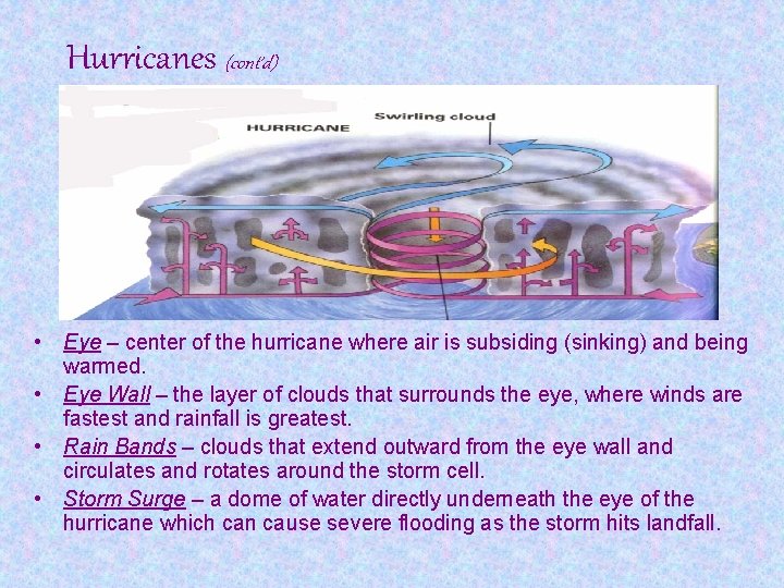 Hurricanes (cont’d) • Eye – center of the hurricane where air is subsiding (sinking)
