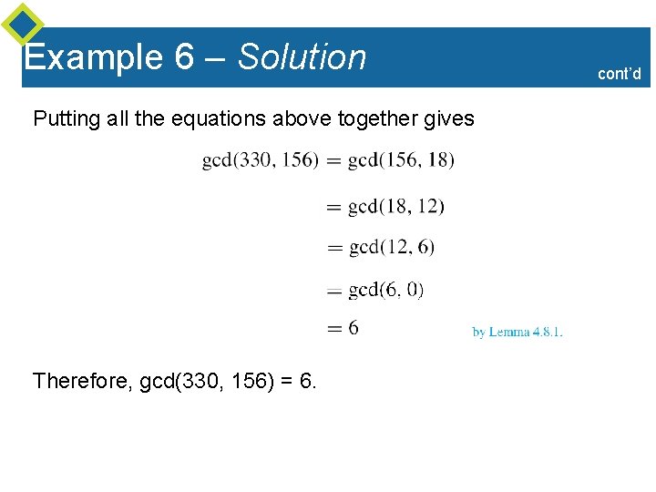 Example 6 – Solution Putting all the equations above together gives Therefore, gcd(330, 156) Example 6 – Solution Putting all the equations above together gives Therefore, gcd(330, 156)