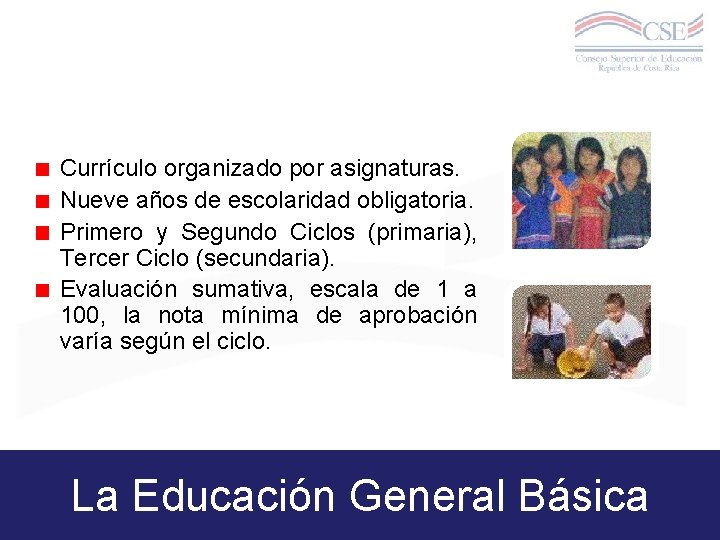 Currículo organizado por asignaturas. Nueve años de escolaridad obligatoria. Primero y Segundo Ciclos (primaria),