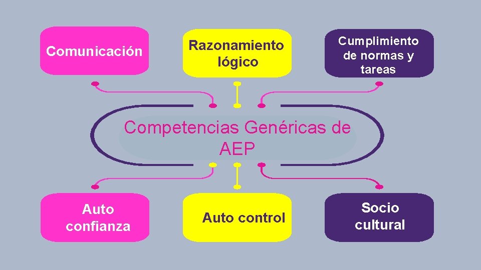 Comunicación Razonamiento lógico Cumplimiento de normas y tareas Competencias Genéricas de AEP Auto confianza