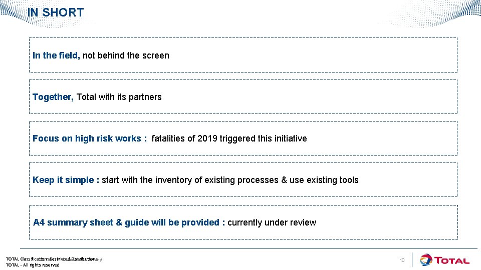 IN SHORT In the field, not behind the screen Together, Total with its partners