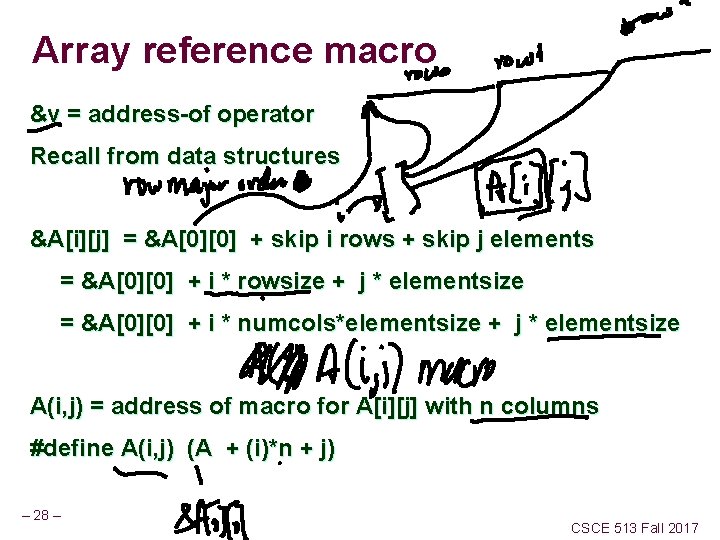Array reference macro &v = address-of operator Recall from data structures &A[i][j] = &A[0][0]