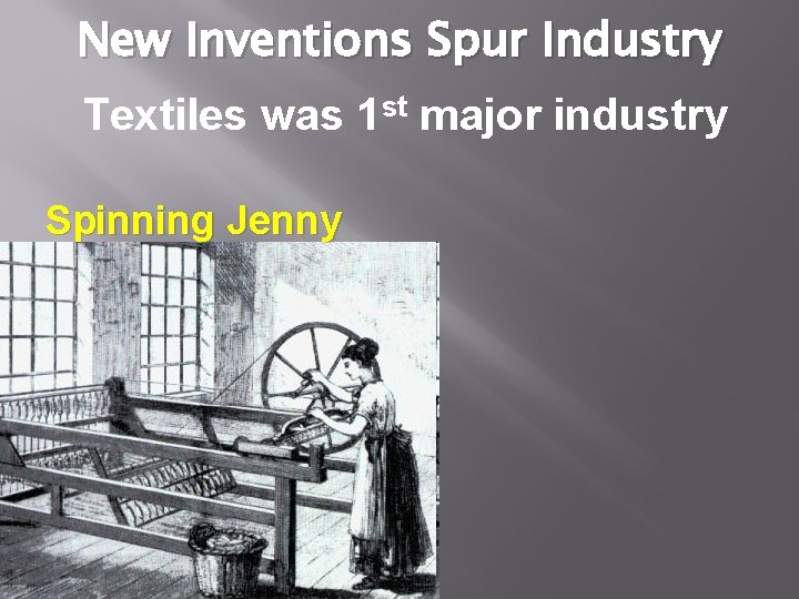 New Inventions Spur Industry Textiles was 1 st major industry Spinning Jenny 