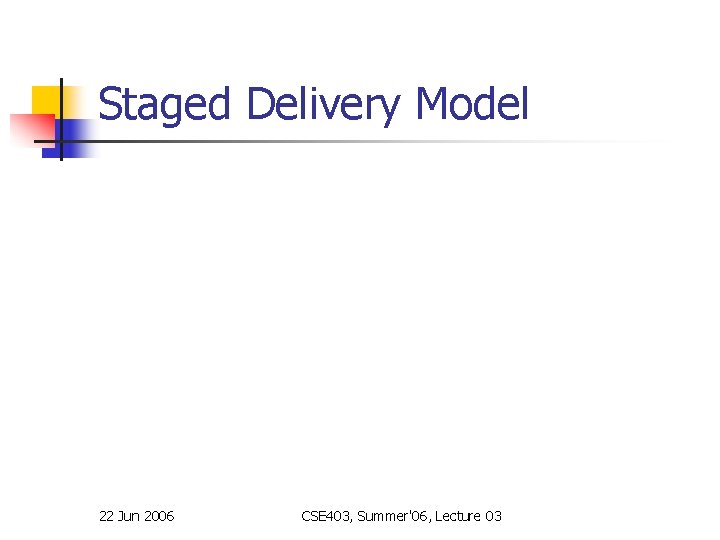 Staged Delivery Model 22 Jun 2006 CSE 403, Summer'06, Lecture 03 Staged Delivery Model 22 Jun 2006 CSE 403, Summer'06, Lecture 03