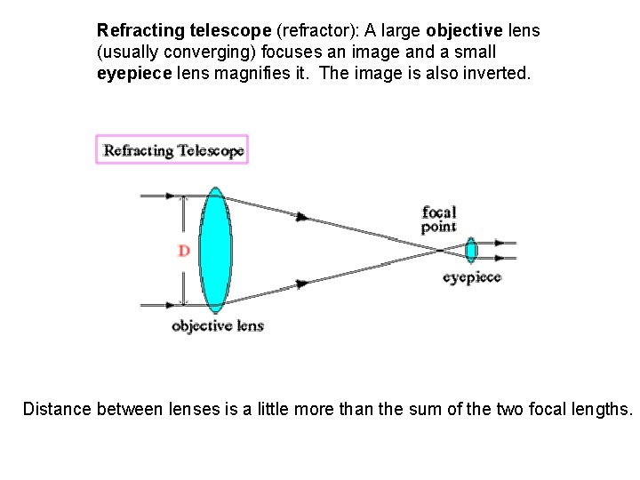 Refracting telescope (refractor): A large objective lens (usually converging) focuses an image and a