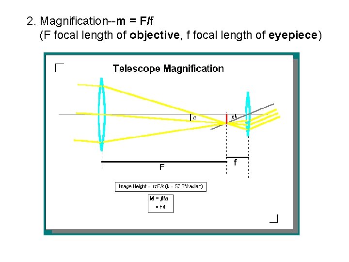 2. Magnification--m = F/f (F focal length of objective, f focal length of eyepiece)