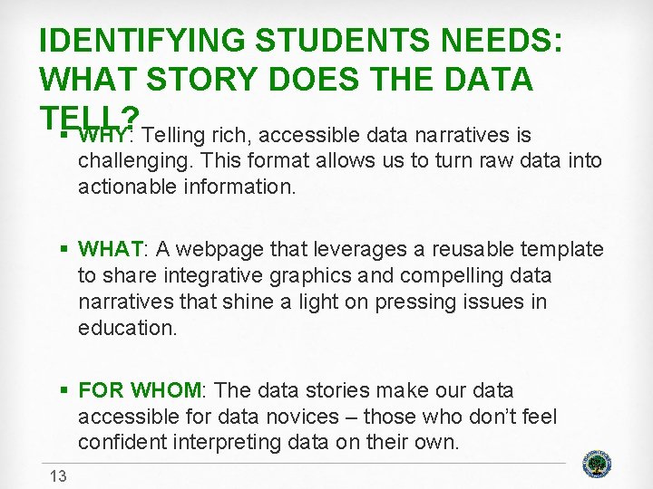 IDENTIFYING STUDENTS NEEDS: WHAT STORY DOES THE DATA TELL? § WHY: Telling rich, accessible