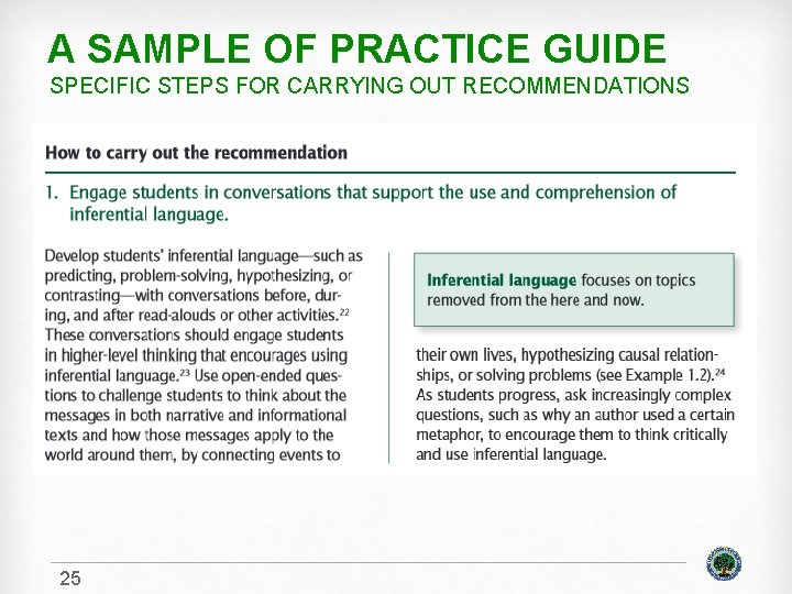 A SAMPLE OF PRACTICE GUIDE SPECIFIC STEPS FOR CARRYING OUT RECOMMENDATIONS 25 