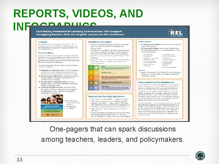 REPORTS, VIDEOS, AND INFOGRAPHICS One-pagers that can spark discussions among teachers, leaders, and policymakers.