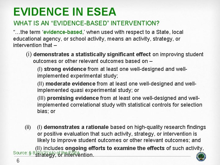 EVIDENCE IN ESEA WHAT IS AN “EVIDENCE-BASED” INTERVENTION? “…the term ‘evidence-based, ’ when used